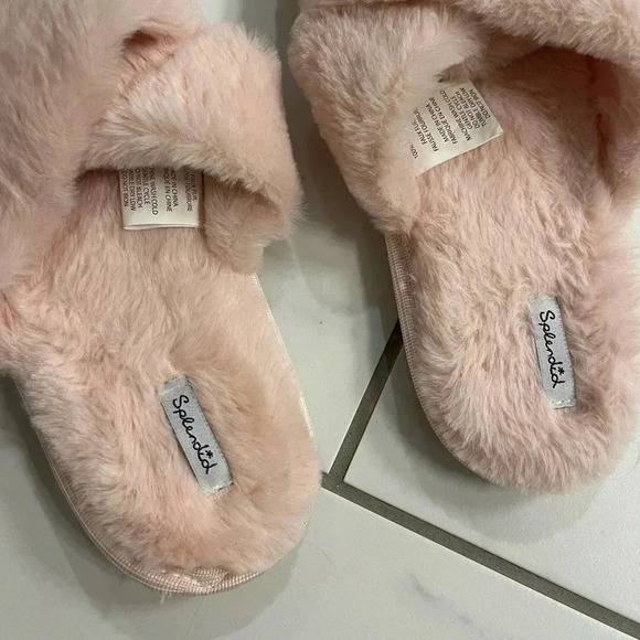 Splendid Womens Open Toe Flat Slip-On Cozy Faux Fur Slippers Pink Size M/L - Picture 2 of 6